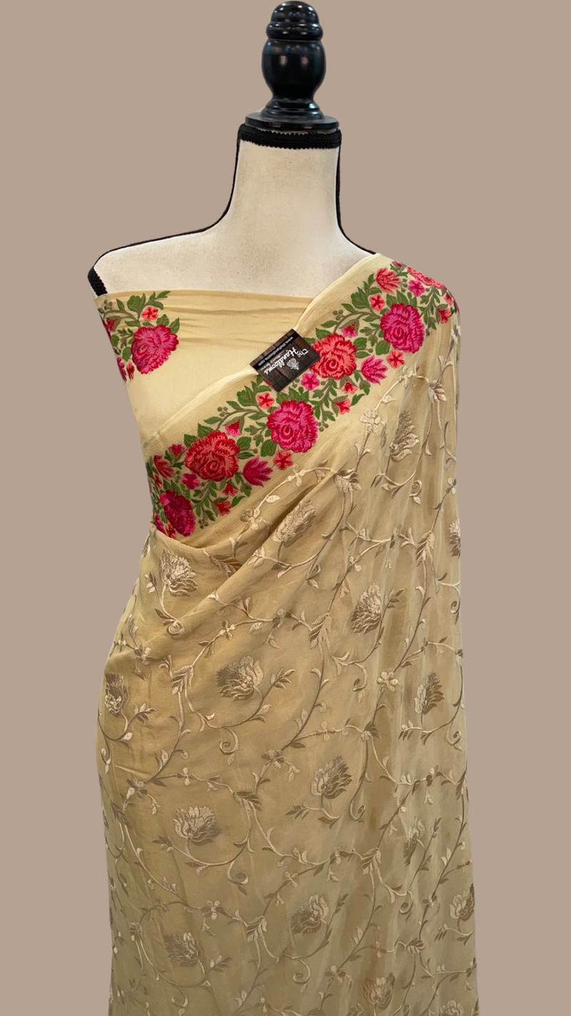 Pure Georgette Chikankari Handloom Banarasi Sare - The Handlooms