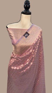 Onion Pink Pure Katan Silk Banarasi Handloom Saree - All over motifs - The Handlooms