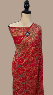 Pure Georgette Banarasi Bandhej Handloom Saree - with meenakari work - The Handlooms