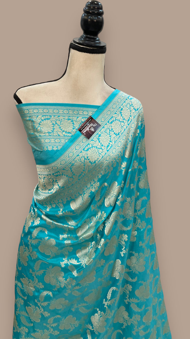 Turquoise Pure Katan Silk Banarasi Handloom Saree - All Over Jaal Work - The Handlooms