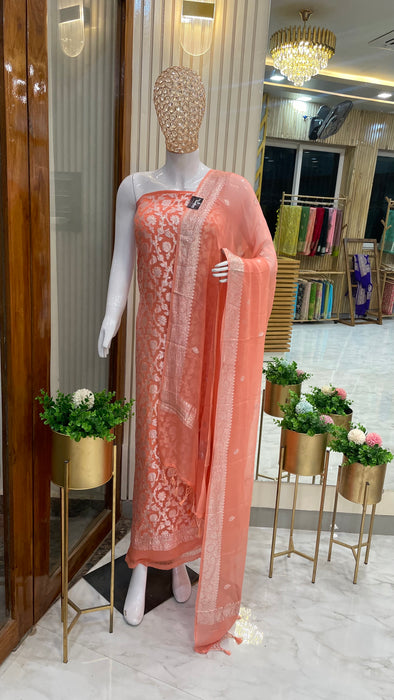 Peach Pure Khaddi Georgette Banarasi Dress material