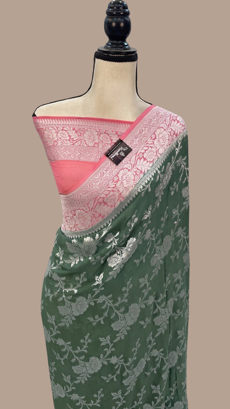 Cement Green with Pink Khaddi Georgette Banarasi Saree - The Handlooms