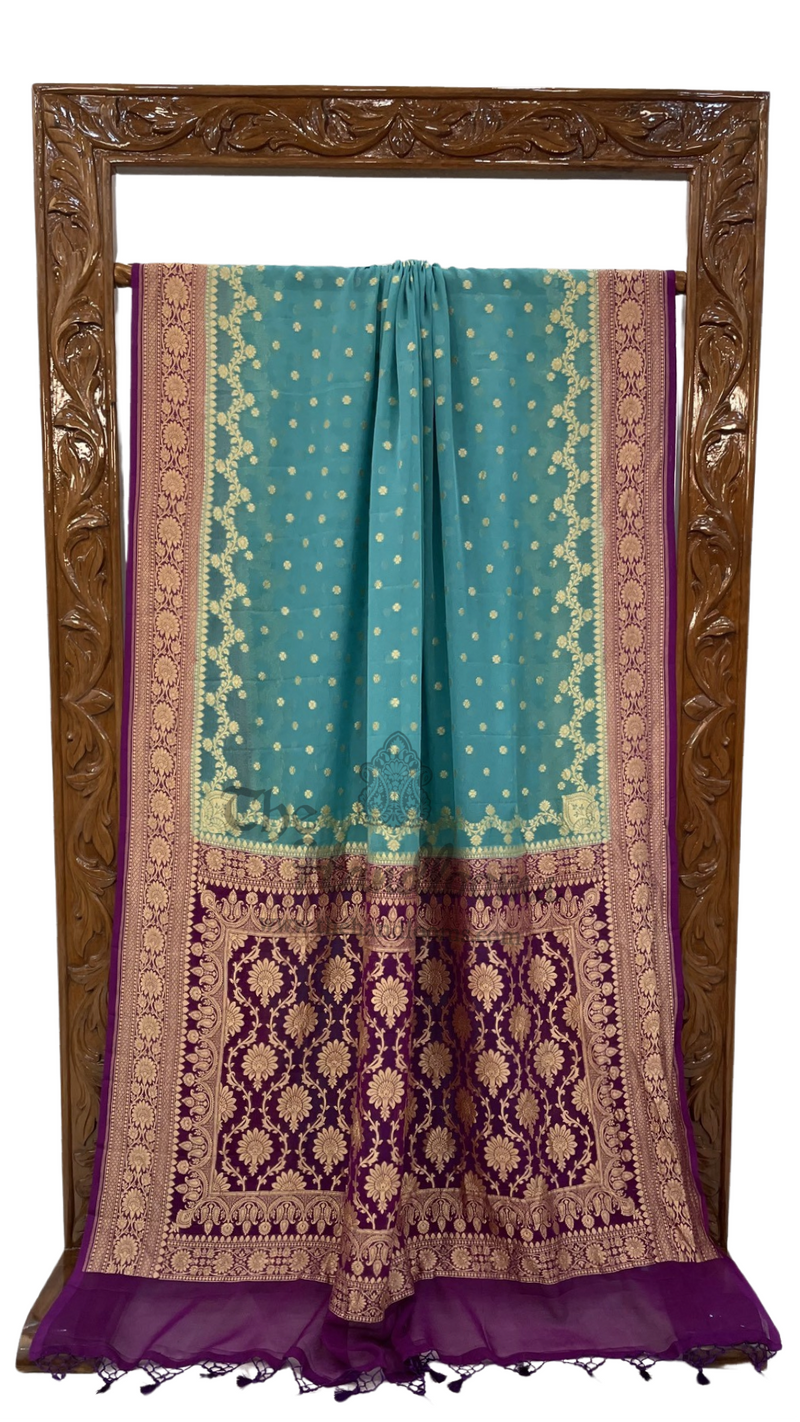 Dual Shade Khaddi Georgette Handloom Banarasi Saree - Gold Zari - The Handlooms