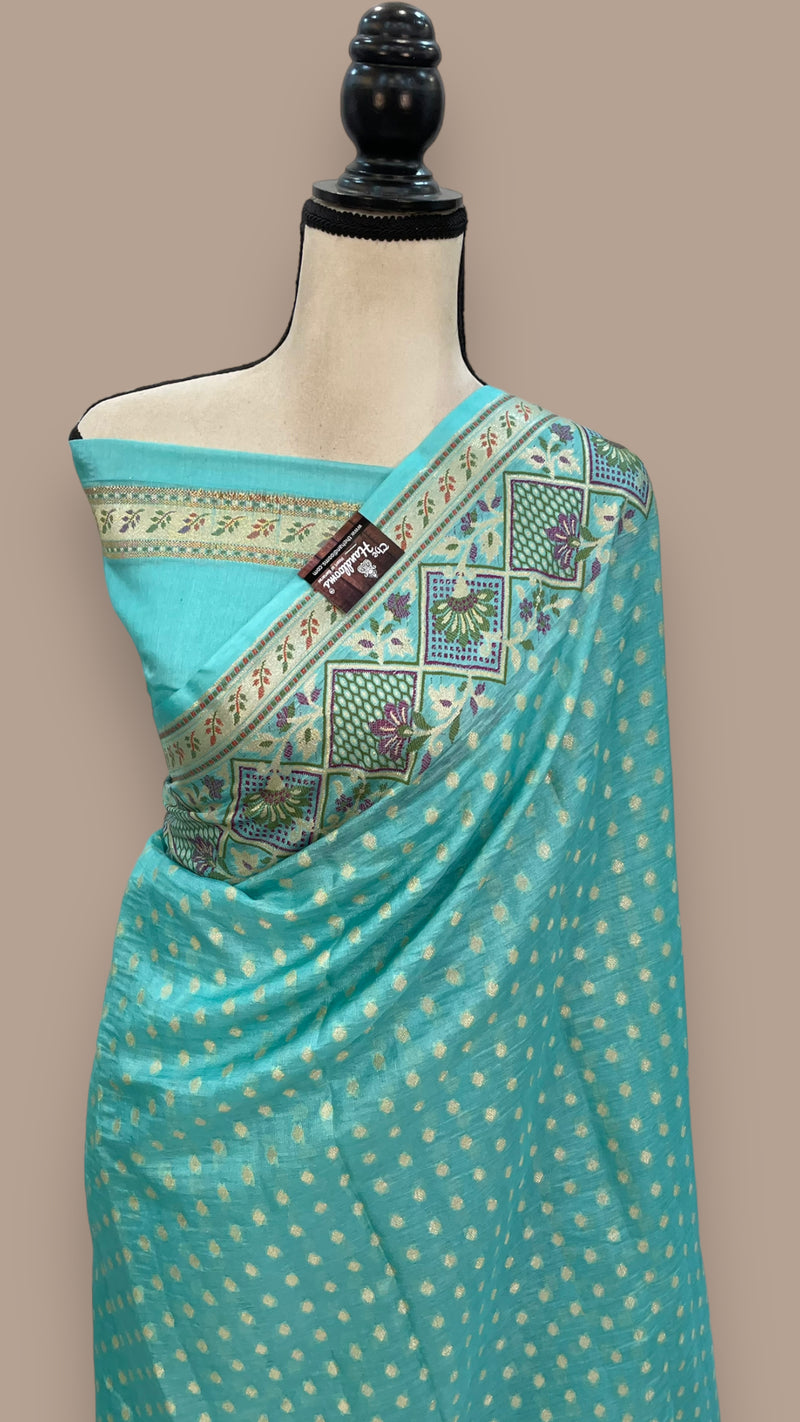 Turquoise Pure Tussar Silk Handloom Banarasi Saree - The Handlooms