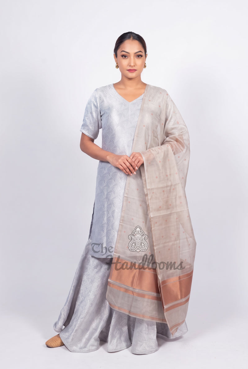 Ivory Pure Khaddi Georgette Brocade Kurta with Sharara - The Handlooms