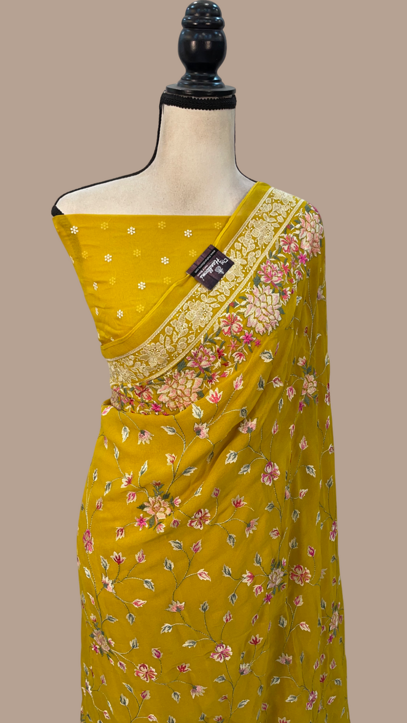 Pure Georgette Chikankari Handloom Banarasi Saree - The Handlooms