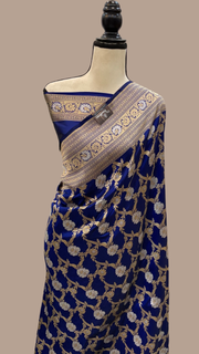 Navy Blue Blue Pure Katan Silk Banarasi Handloom Saree - All over Sona Roopa Jaal work - The Handlooms