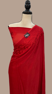 Red Pure Georgette Chikankari Handloom Banarasi Saree - The Handlooms
