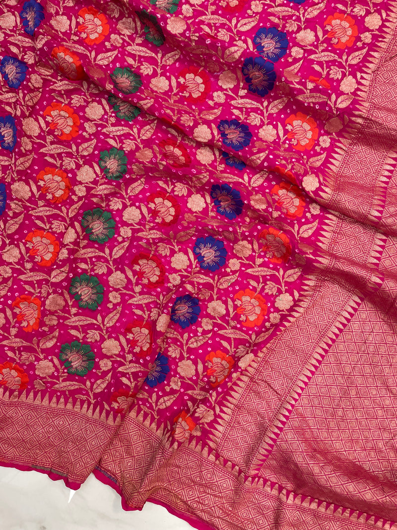 Pure Georgette Banarasi Bandhej Handloom Saree - with meenakari work - The Handlooms