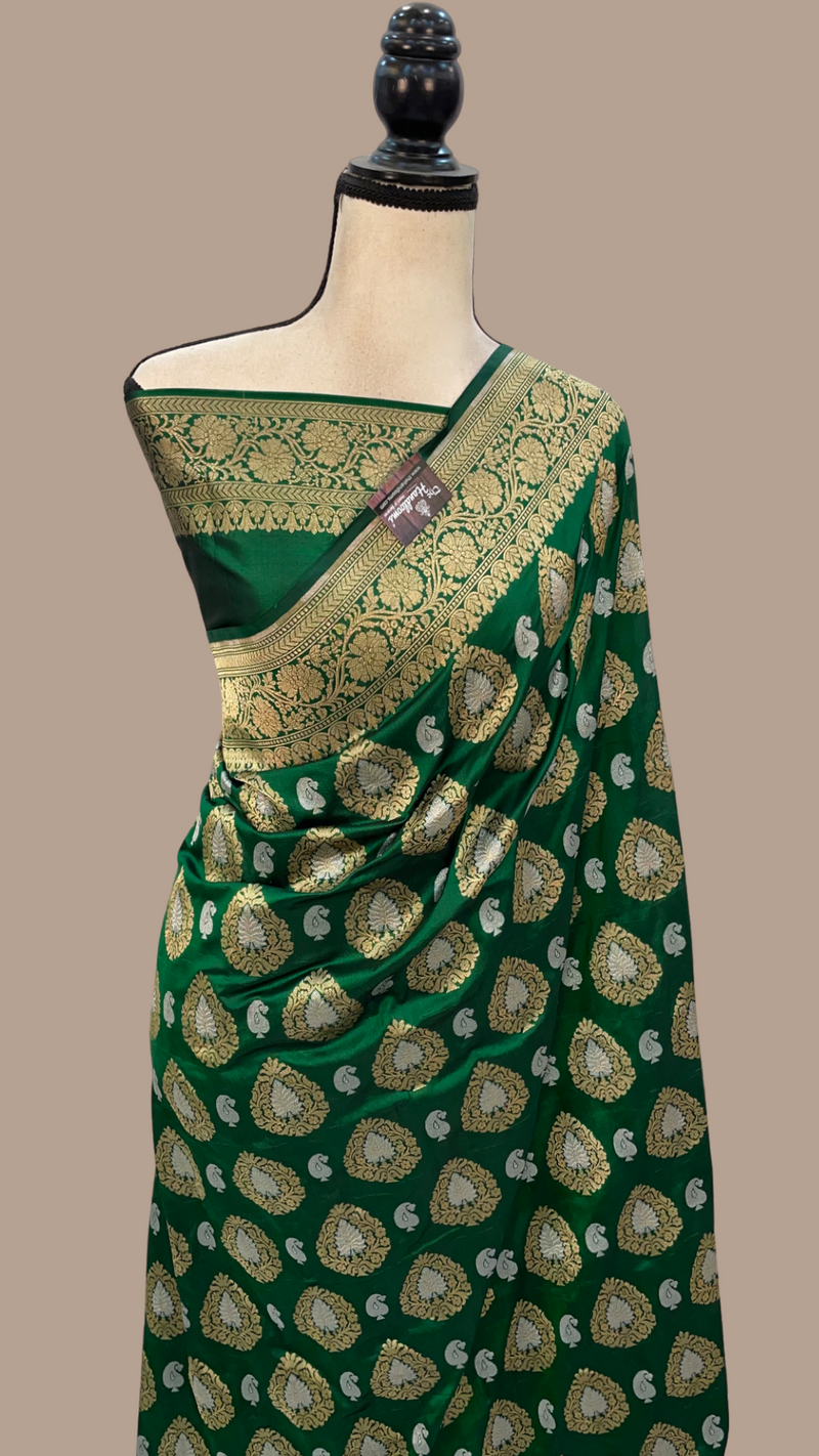 Green Pure Katan Silk Banarasi Handloom Saree - All over Sona Roopa motifs - The Handlooms