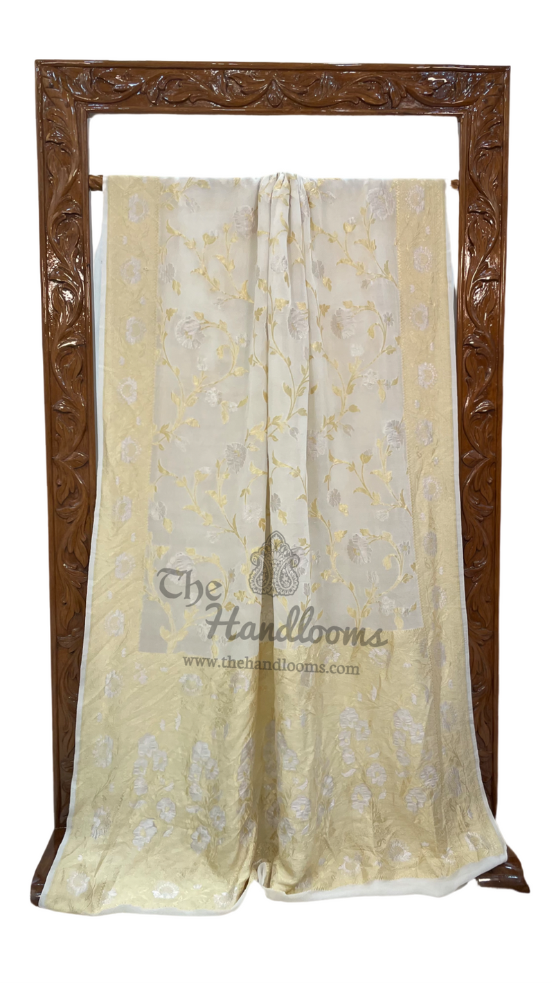 Khaddi Georgette Handloom Banarasi Saree - All over Sona Roopa Jaal Work - The Handlooms