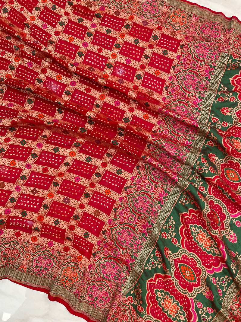 Pure Georgette Banarasi Bandhej Handloom Saree - with meenakari work - The Handlooms