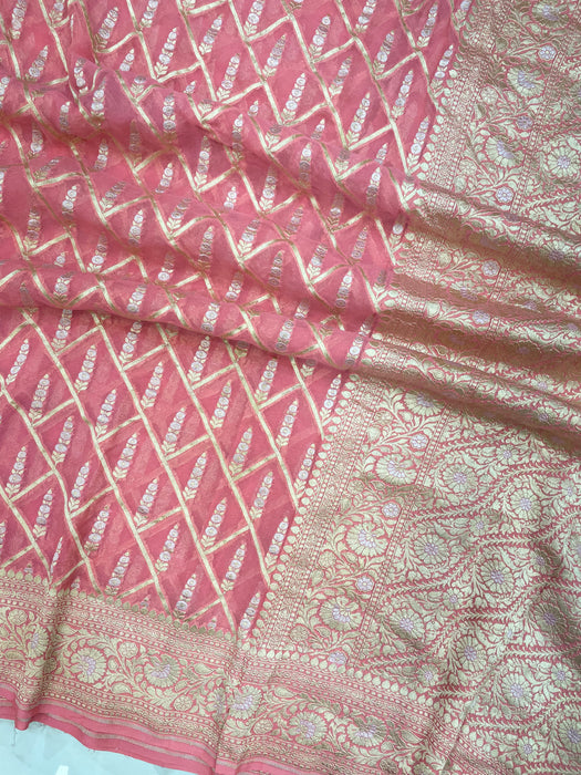 Pink Khaddi Georgette Handloom Banarasi Saree - All over Sona Roopa Jaal Work