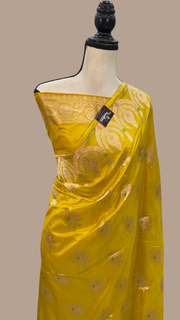 Mustard Yellow Pure Katan Silk Banarasi Handloom Saree - All over Jaal work with Meenakari - The Handlooms
