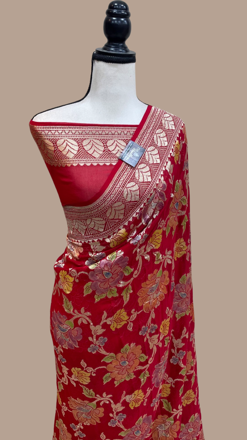 Red Khaddi Georgette Banarasi Saree - water zari - The Handlooms