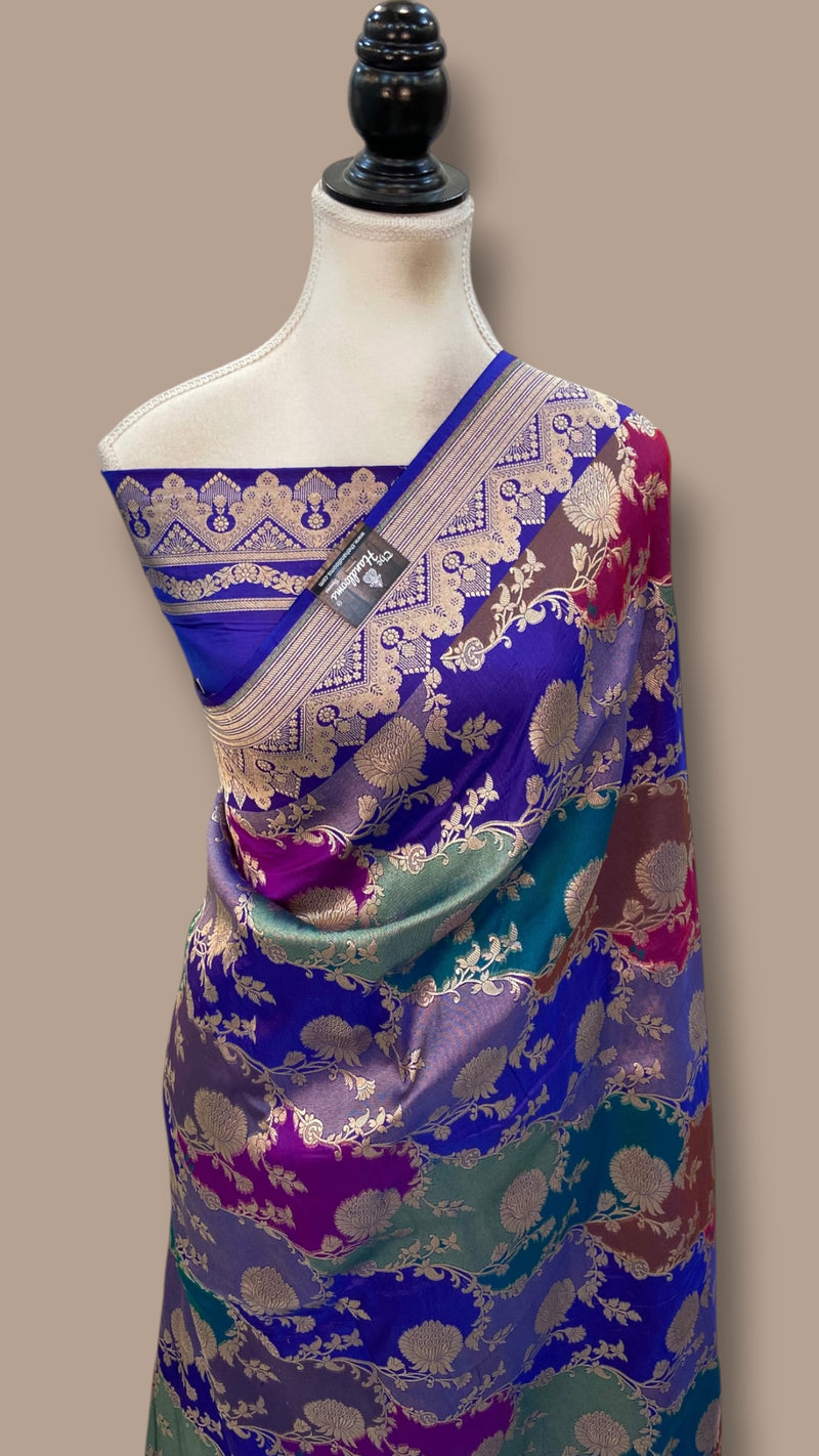Multicolor Pure Katan Silk Banarasi Handloom Saree - All over Jaal Work With Rangkart