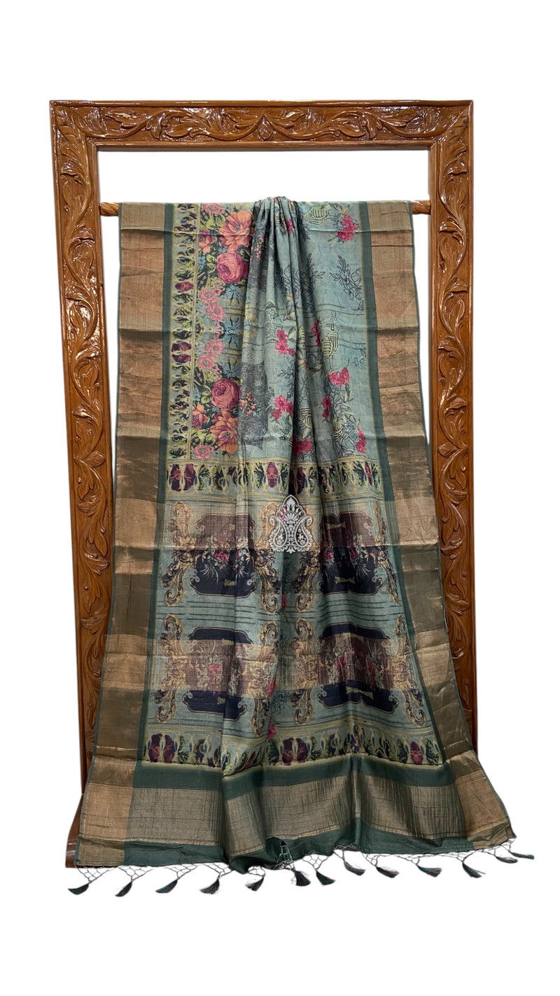 Pure Tussar Silk Handloom Banarasi Saree With Digital Print