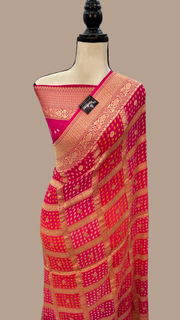 Dual Shade Pure Georgette Banarasi Bandhej Handloom Saree - The Handlooms