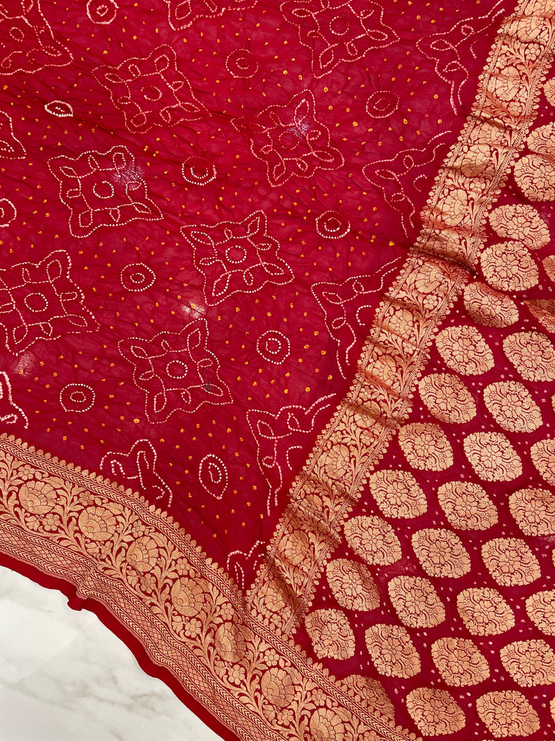 Red Pure Georgette Banarasi Bandhej Handloom Saree - The Handlooms