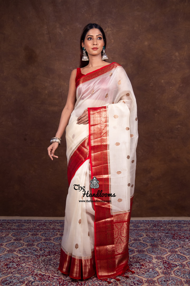 Off-white Pure Kora Handloom Banarasi Saree - The Handlooms