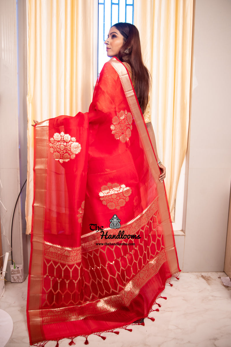 Red Pure Kora Handloom Banarasi Saree - The Handlooms