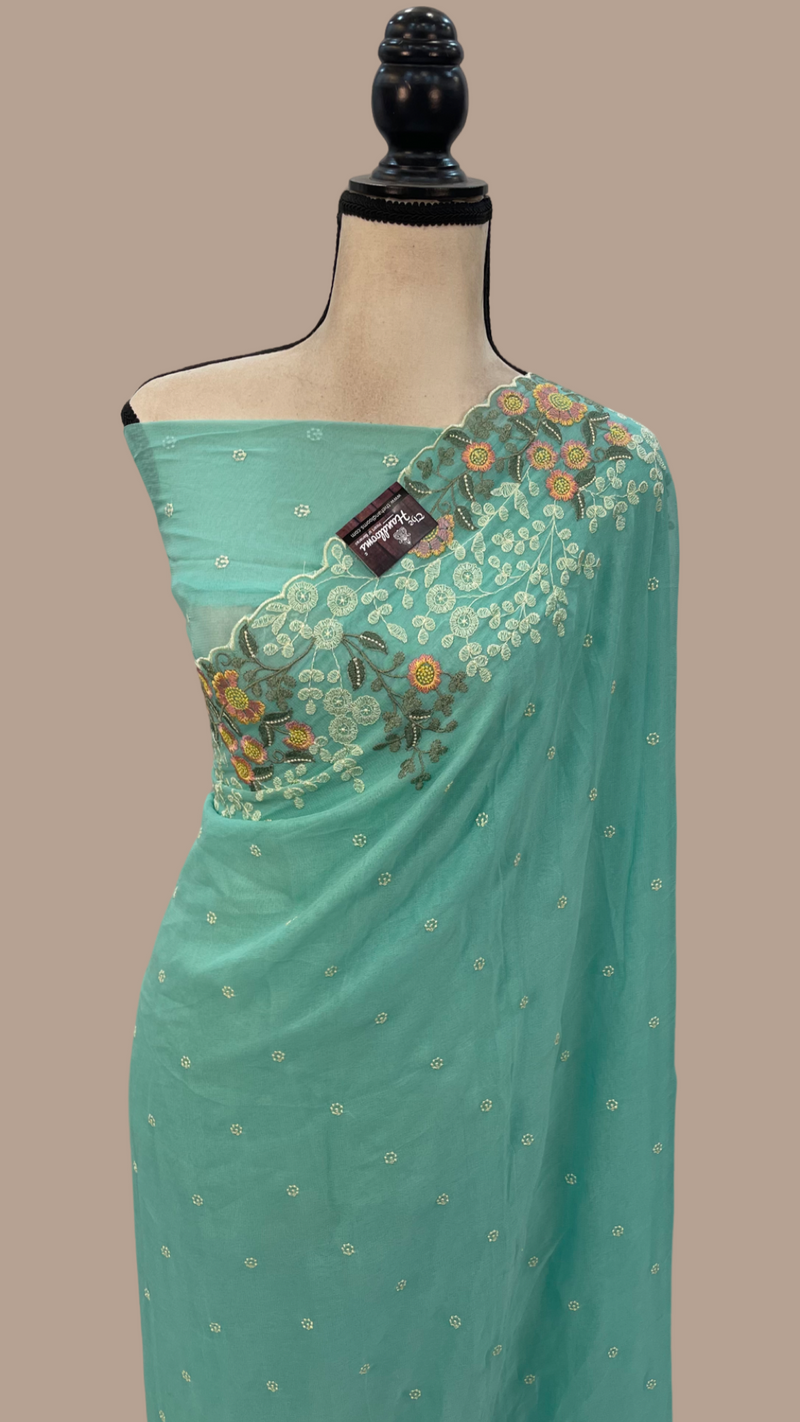 Pure Georgette Chikankari Handloom Banarasi Saree - The Handlooms