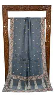 Grey Pure Georgette Chikankari Handloom Banarasi Saree - The Handlooms