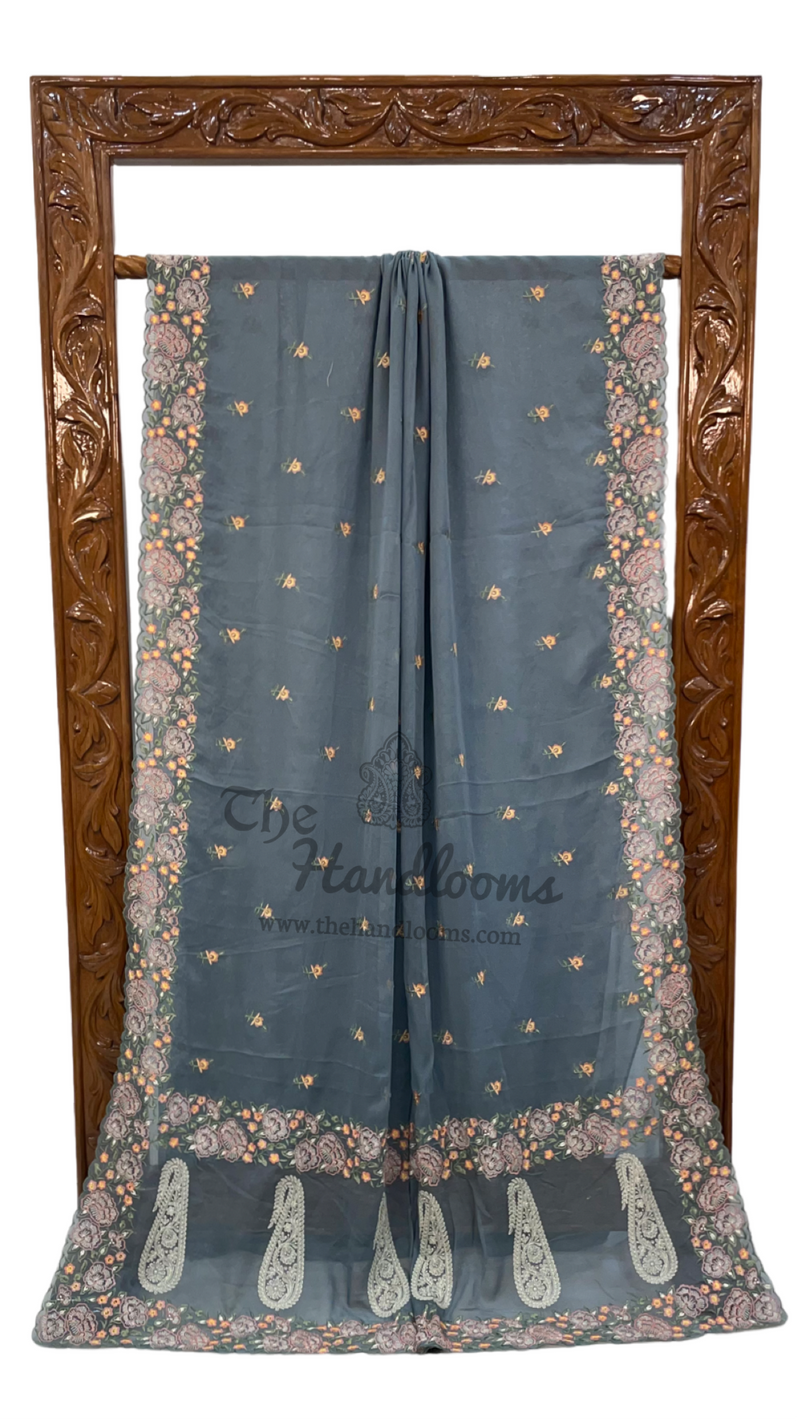 Grey Pure Georgette Chikankari Handloom Banarasi Saree - The Handlooms