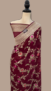 Brown Khaddi Georgette Handloom Banarasi Saree - All over Jaal Work with meenakari - The Handlooms