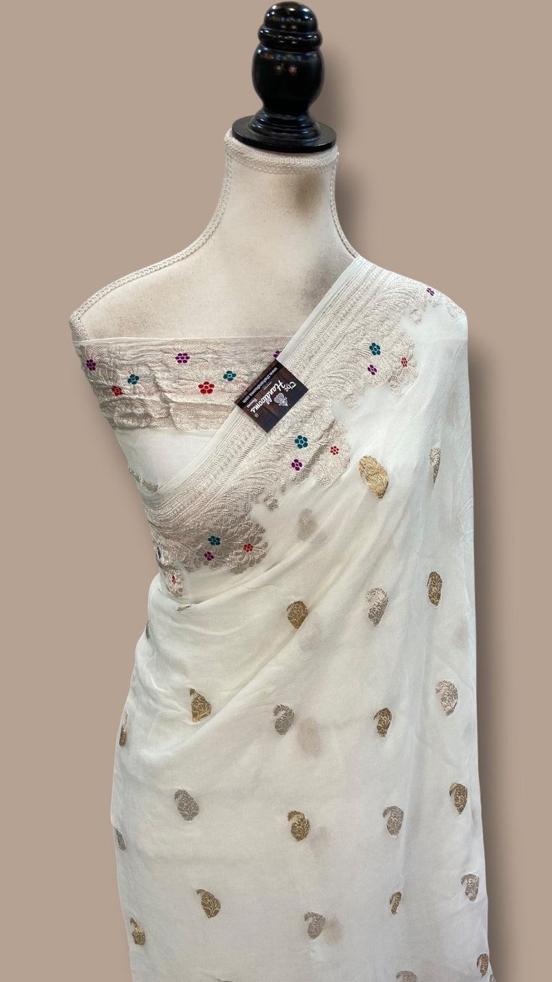 Handloom Banarasi Khaddi Georgette Saree | All-Over Sona Roopa Kadua Motifs & Meenakari