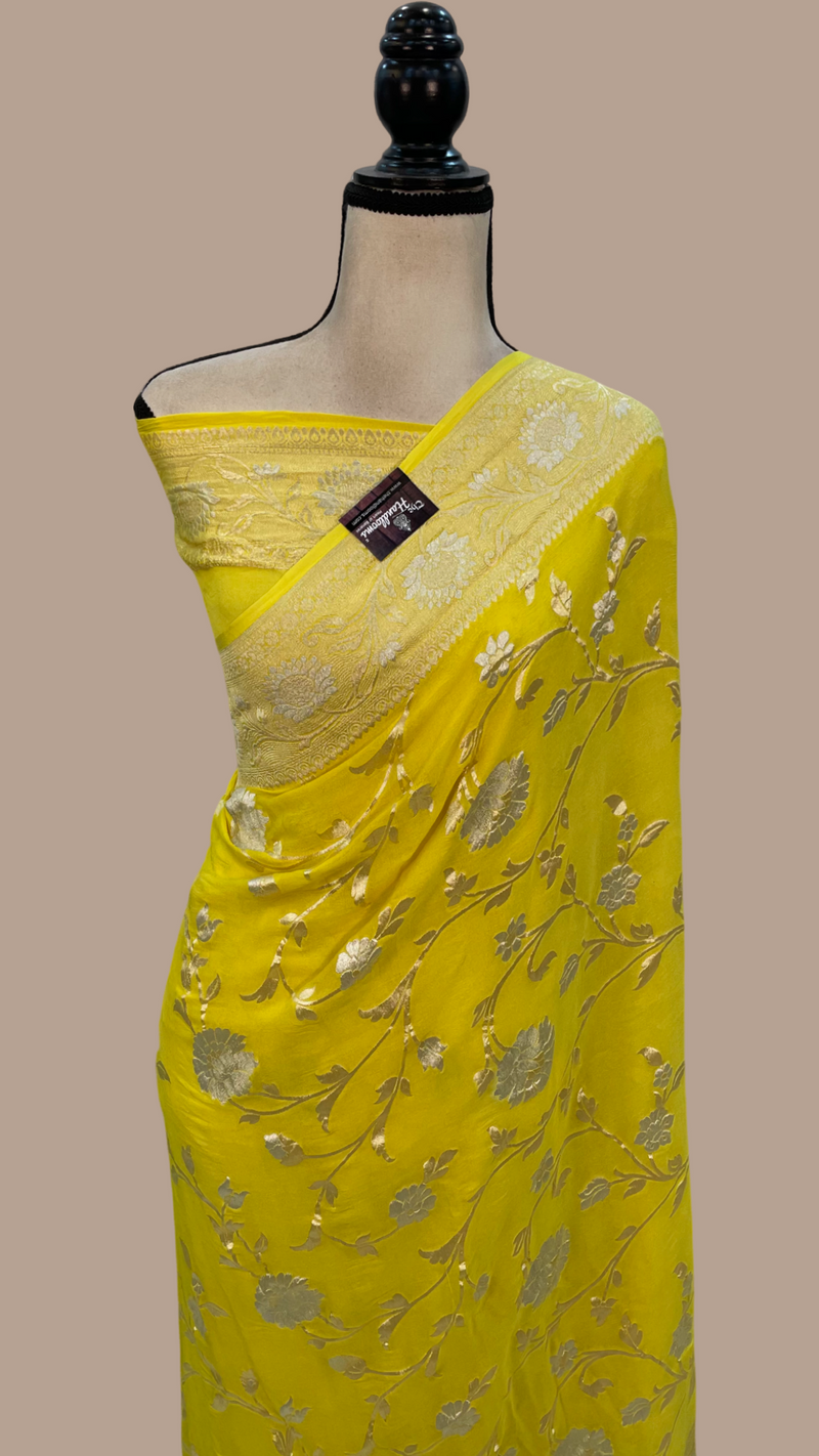 Khaddi Georgette Handloom Banarasi Saree - All over Sona Roopa Jaal Work - The Handlooms