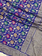 Royal Blue Pure Georgette Banarasi Bandhej Handloom Saree - with meenakari work - The Handlooms