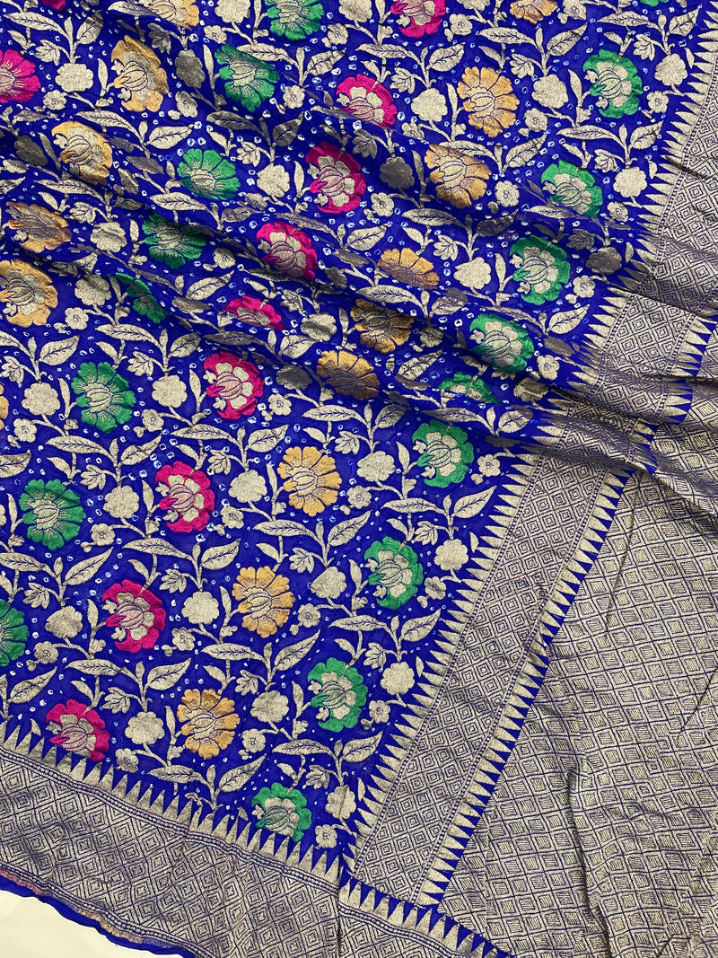 Royal Blue Pure Georgette Banarasi Bandhej Handloom Saree - with meenakari work - The Handlooms