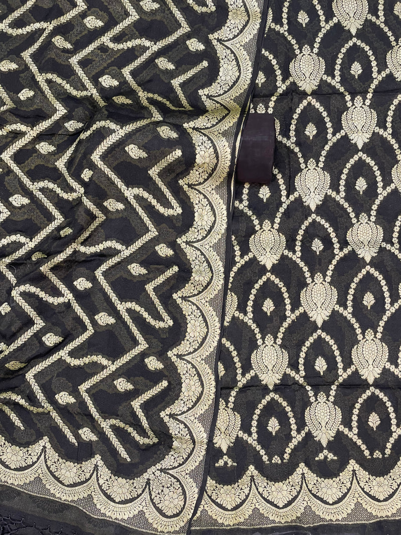 Black Pure Chiffon Khaddi Banarasi Dress material - The Handlooms