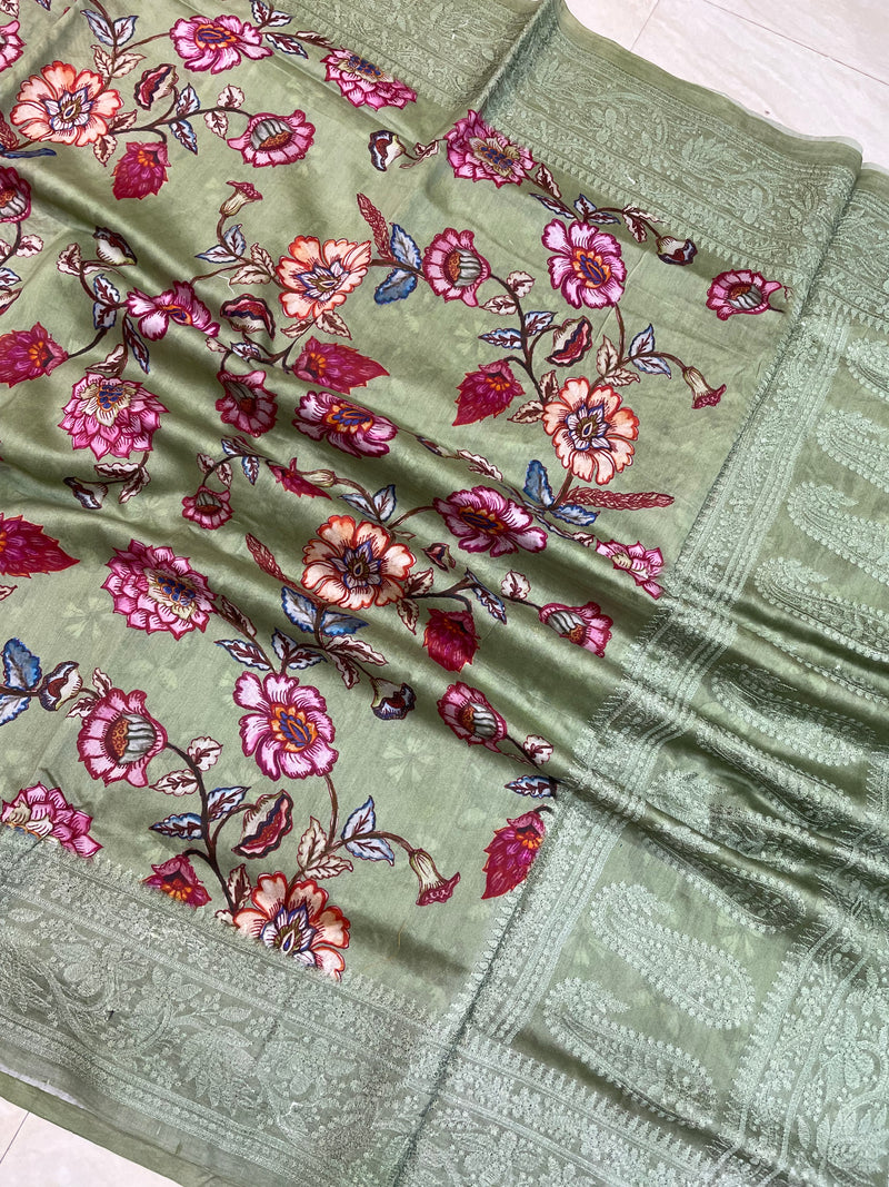 Pure Chanderi  Digital Print with Chikankari Handloom Banarasi Saree - The Handlooms