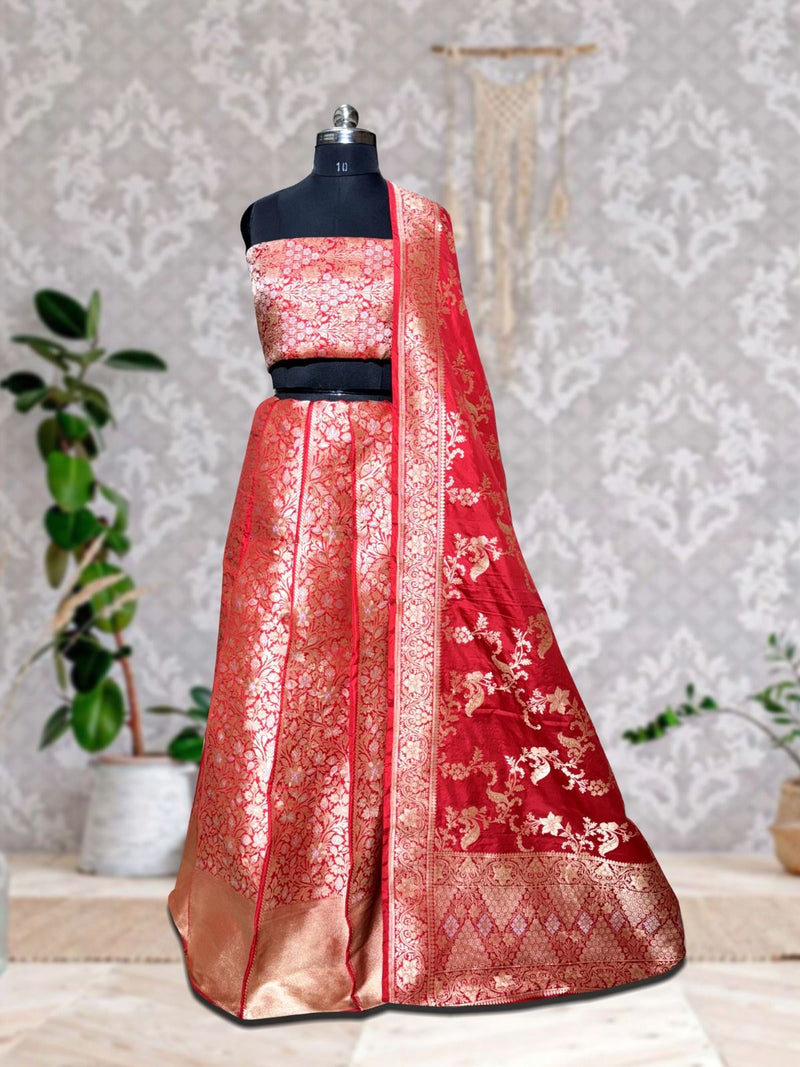 Pure Katan Silk Handloom Banarasi Lehenga All Over Sona Roopa Jaal Work With Stitched - The Handlooms