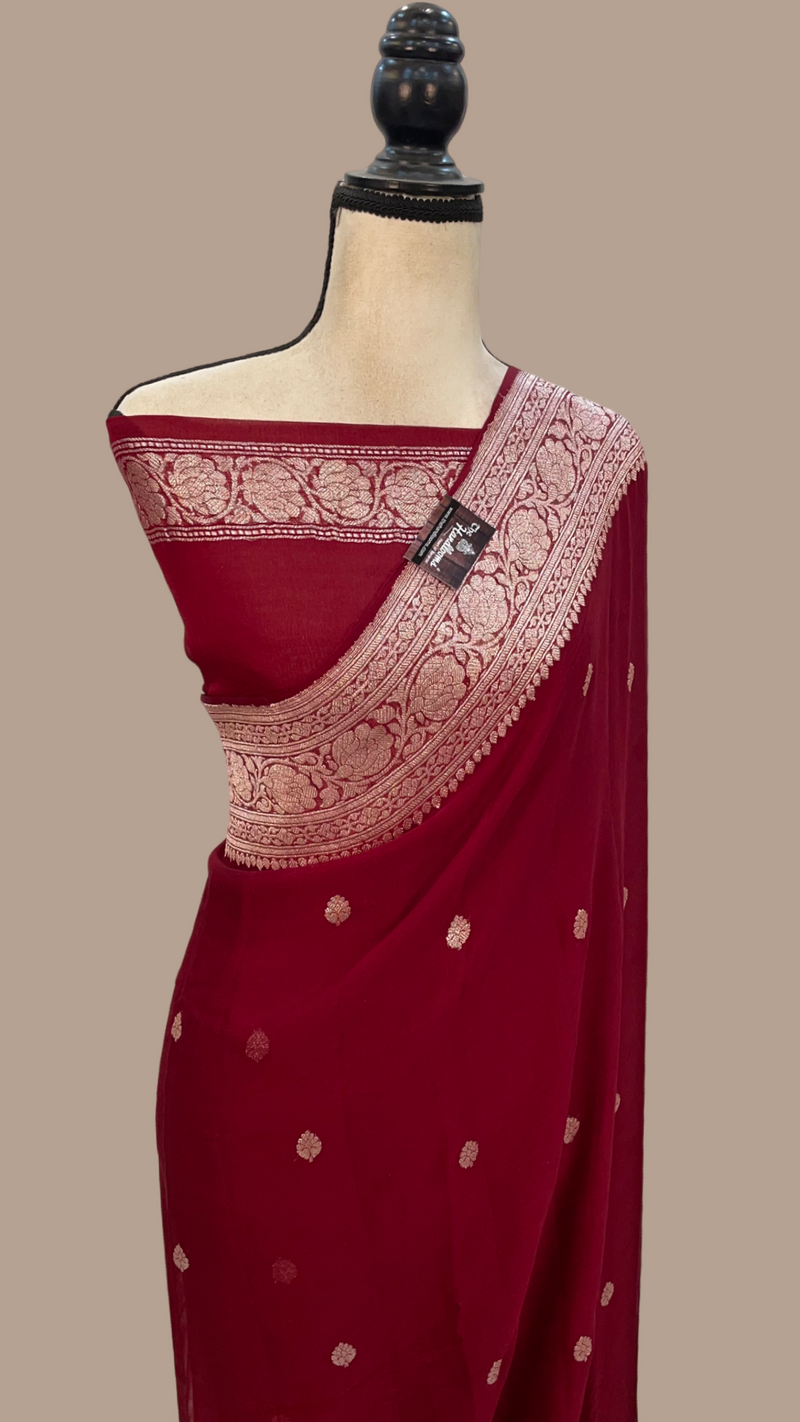 Maroon Pure Georgette Handloom Banarasi Saree - The Handlooms