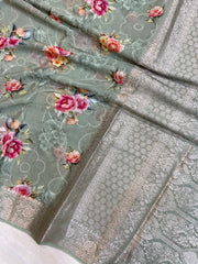 Pure Georgette  Digital Print with Chikankari Handloom Banarasi Saree - The Handlooms