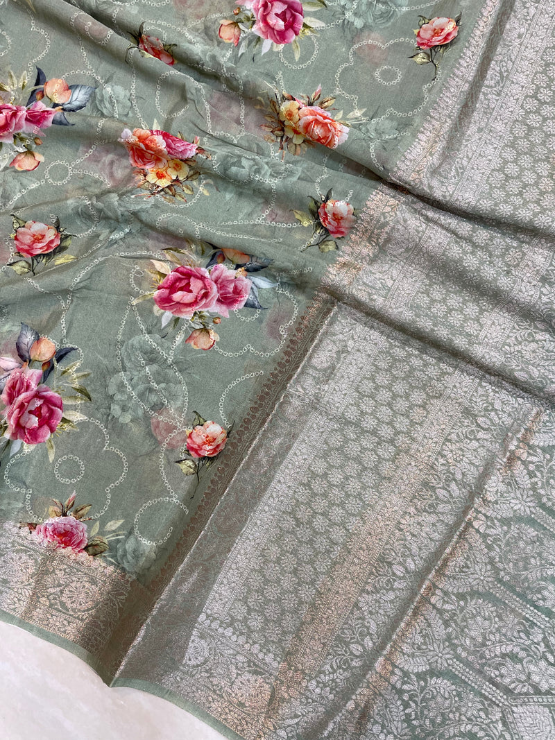 Pure Georgette  Digital Print with Chikankari Handloom Banarasi Saree - The Handlooms