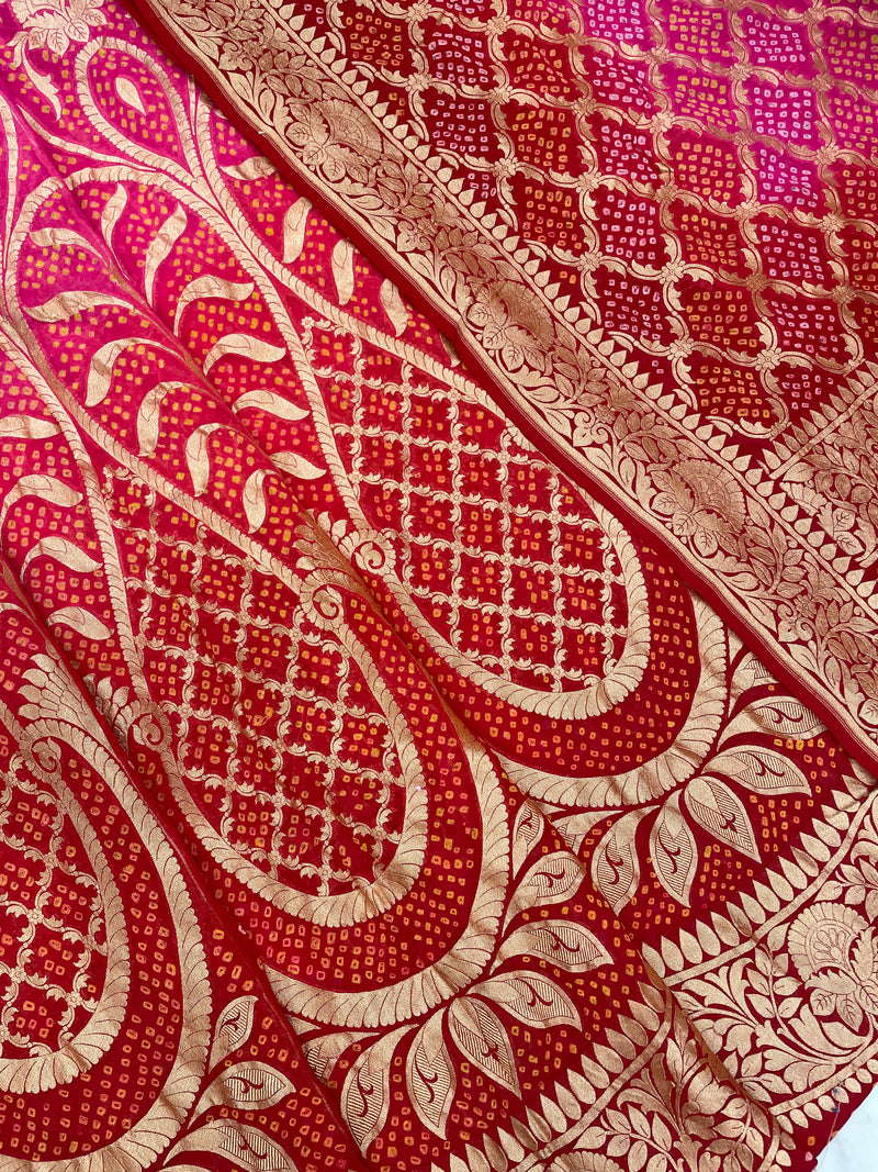 Pure Khaddi Georgette Bandhani Handloom Banarasi Lehenga - The Handlooms