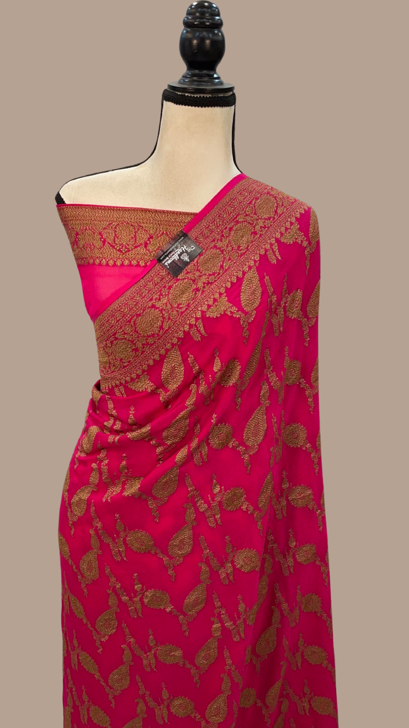Hot Pink Khaddi Georgette Banarasi Handloom Saree -  Antique zari - The Handlooms