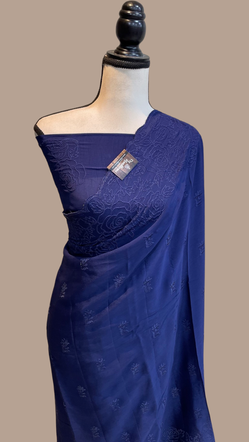 Pure Georgette Chikankari Handloom Banarasi Saree - The Handlooms