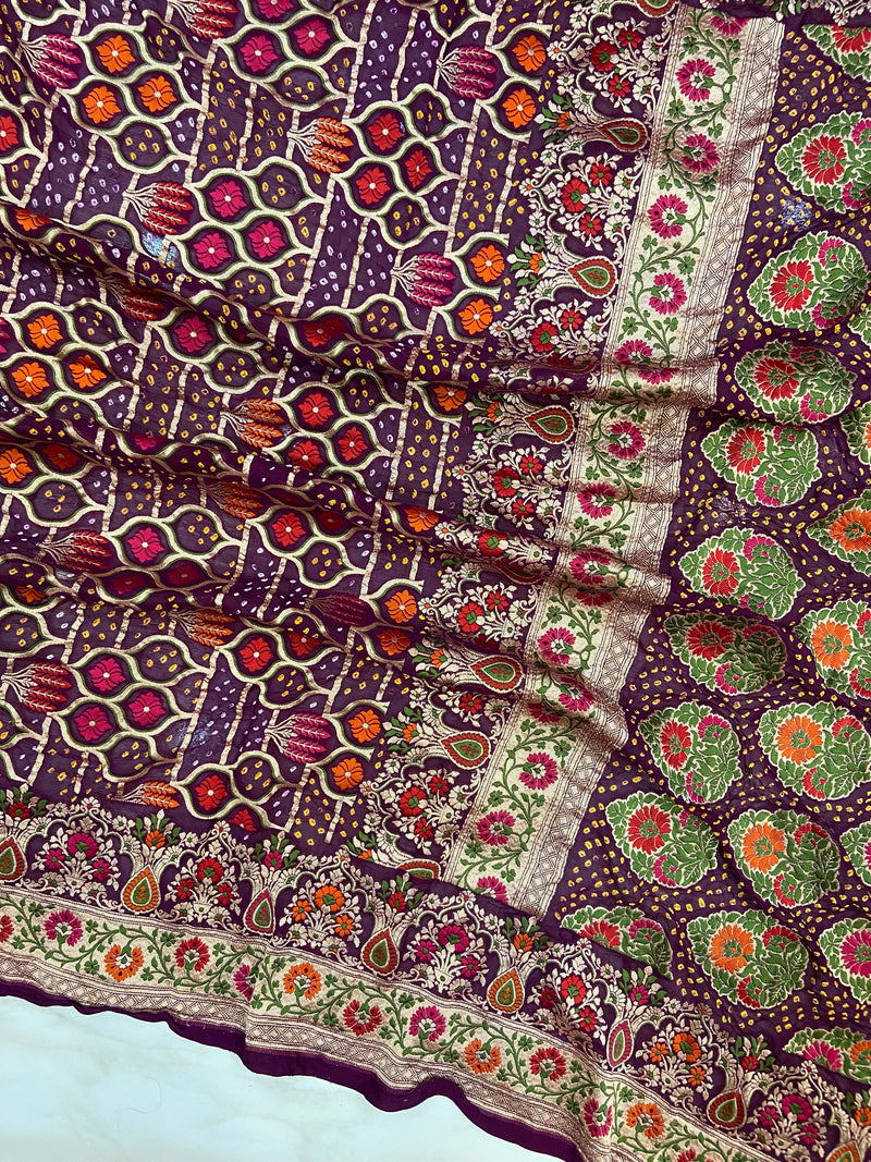 Pure Georgette Banarasi Bandhej Handloom Saree - Meenakari