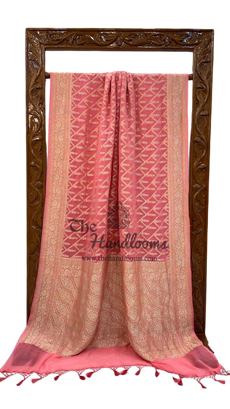 Pink Khaddi Georgette Handloom Banarasi Saree - All over Sona Roopa Jaal Work - The Handlooms