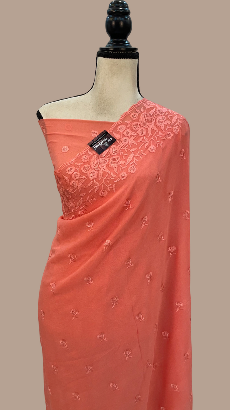 Pure Georgette Chikankari Handloom Banarasi Saree - The Handlooms