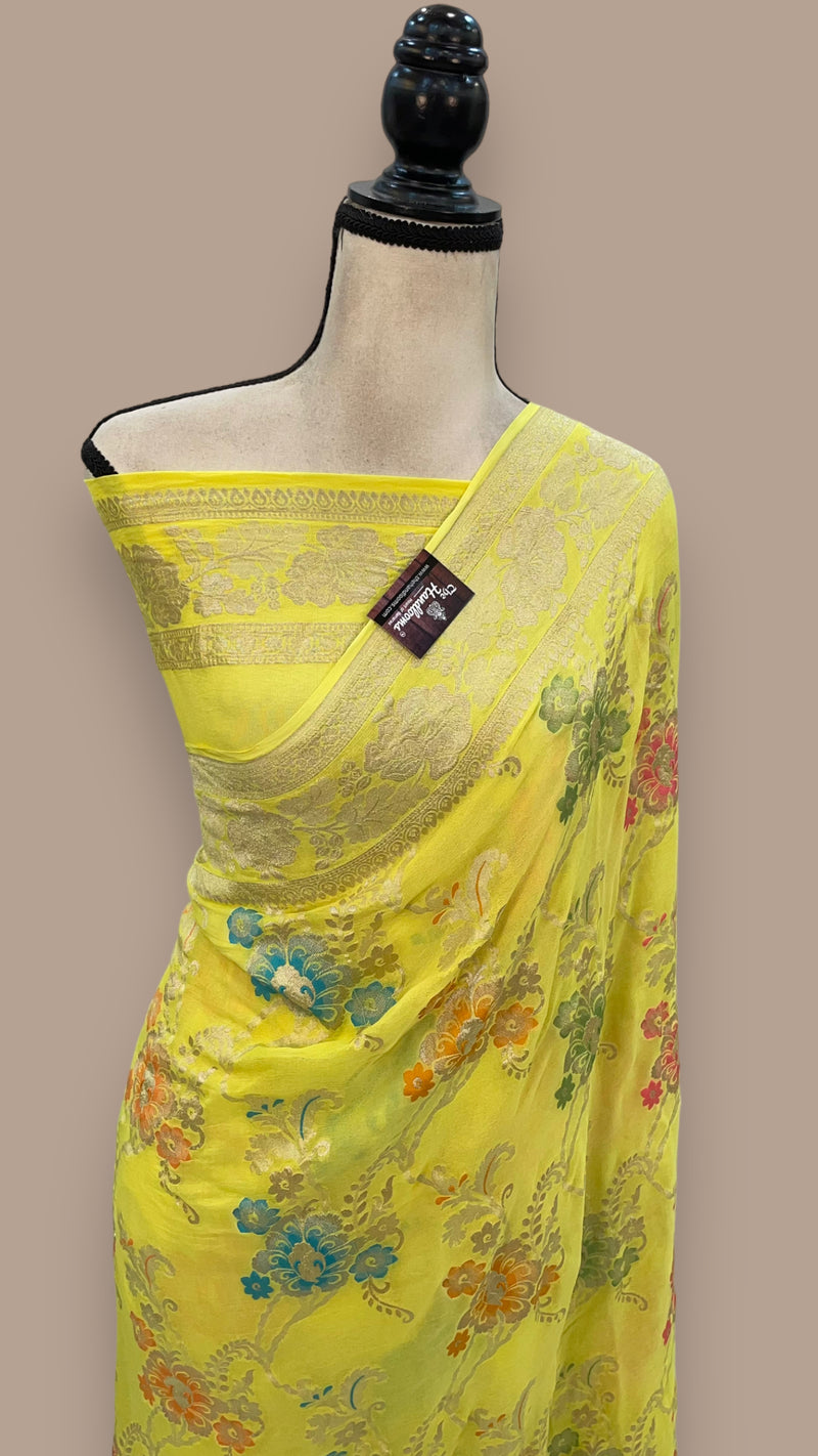 Yellow Khaddi Georgette Handloom Banarasi Saree - All over Jaal Work With Meenakari - The Handlooms