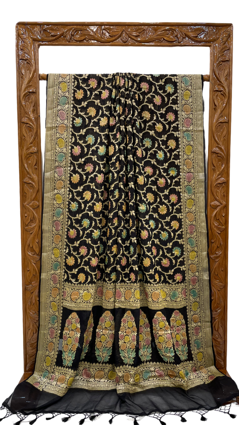 Black Pure Chiffon Khaddi Banarasi Saree - The Handlooms