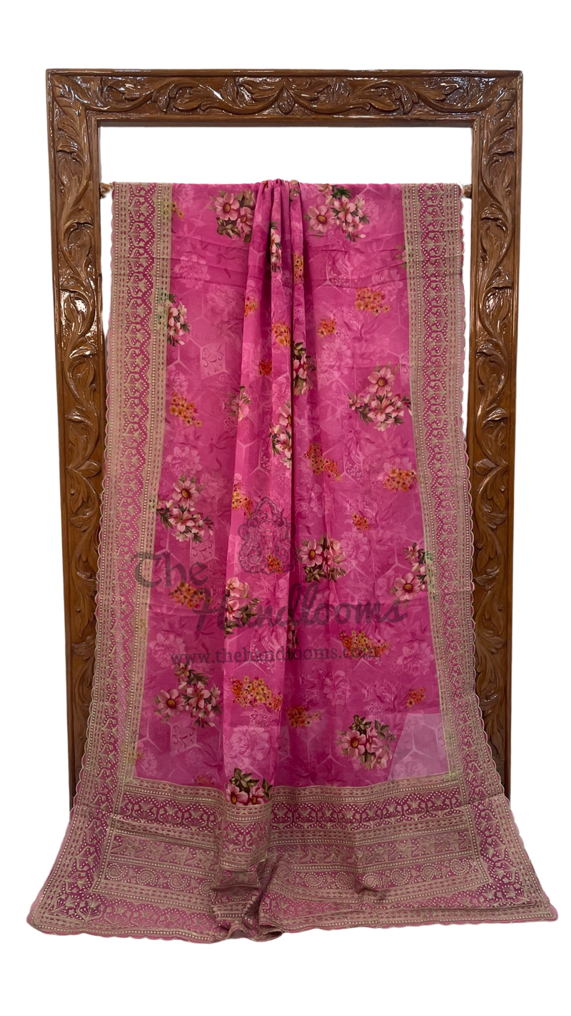 Pure Georgette Digital Print with Chikankari Handloom Banarasi Saree - The Handlooms