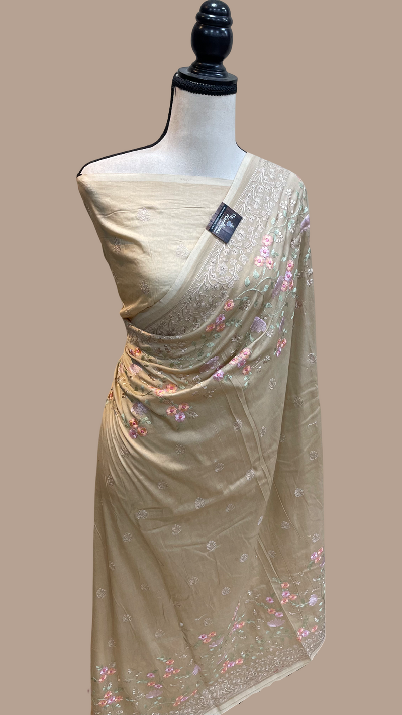 Pure Chiniya Silk Handloom Banarasi Saree With Chikankari - The Handlooms