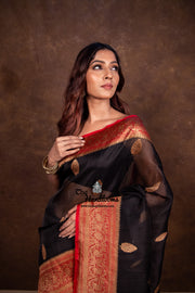 Black Pure Kora Handloom Banarasi Saree - The Handlooms